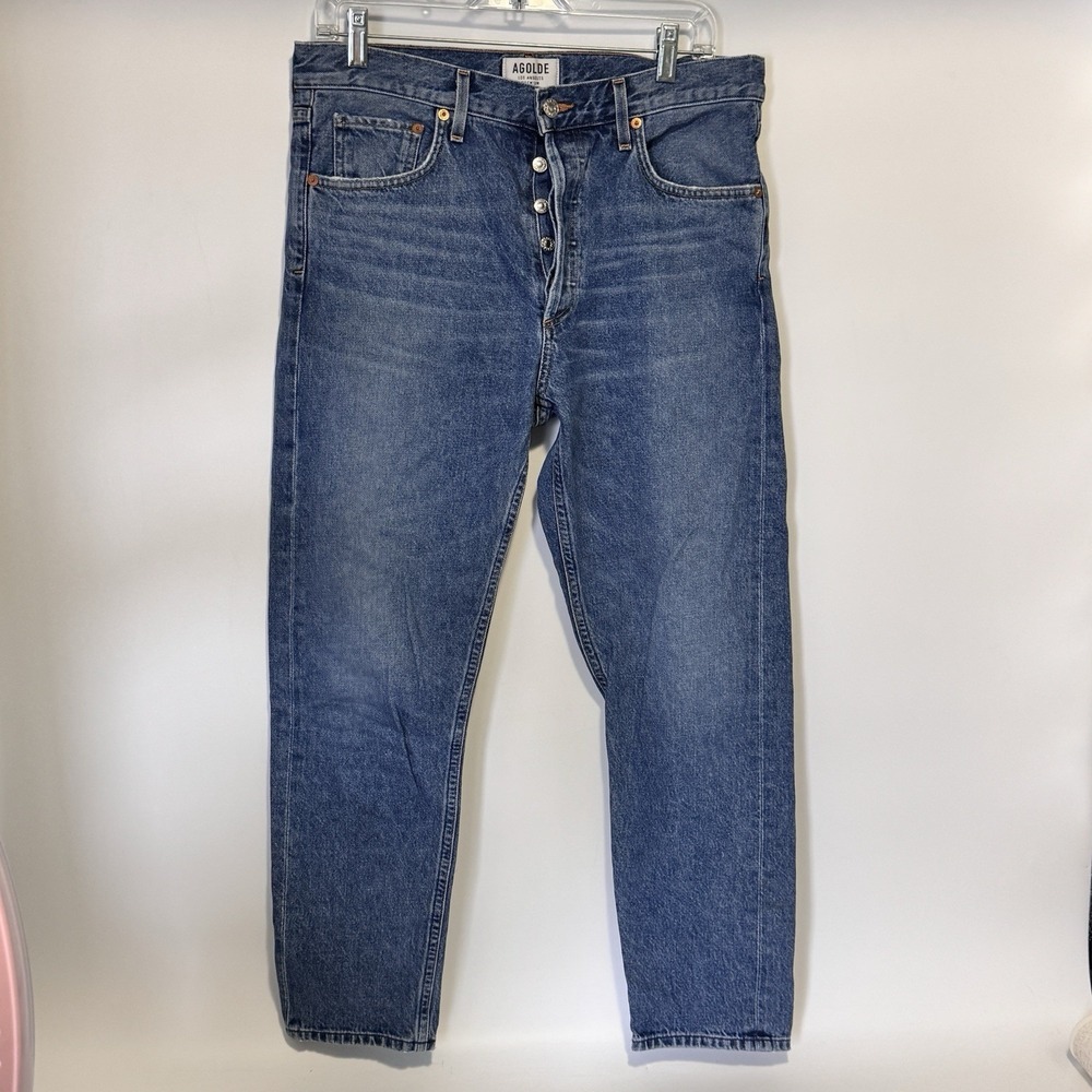 Agolde Button-Fly High-Rise Cropped Jeans in Dark Blue Wash